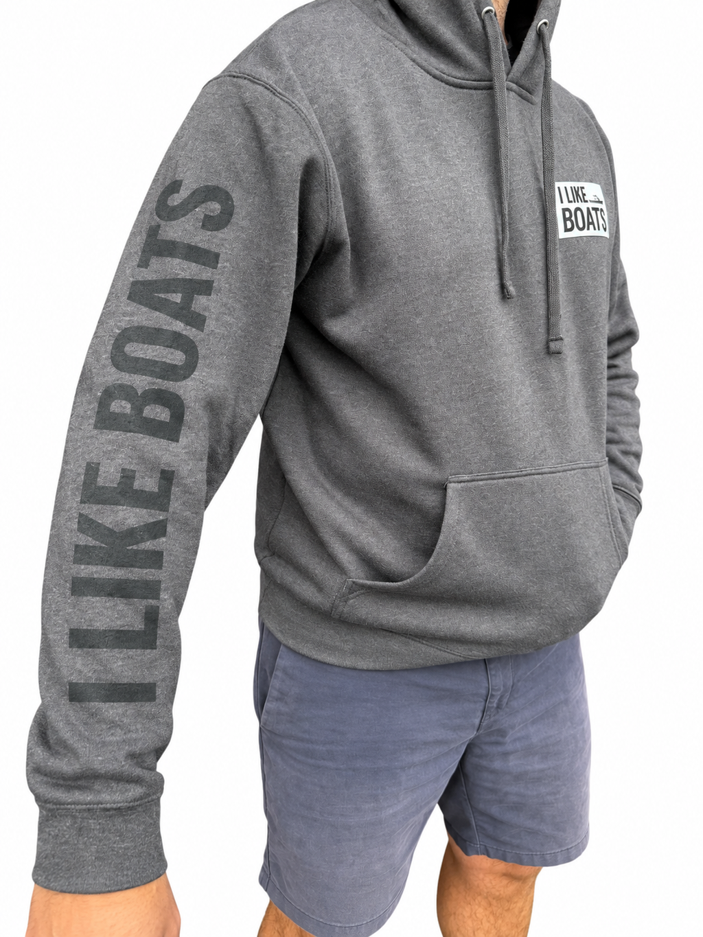 I Like Boats Hoodie (Charcoal with Black text on Sleeve)